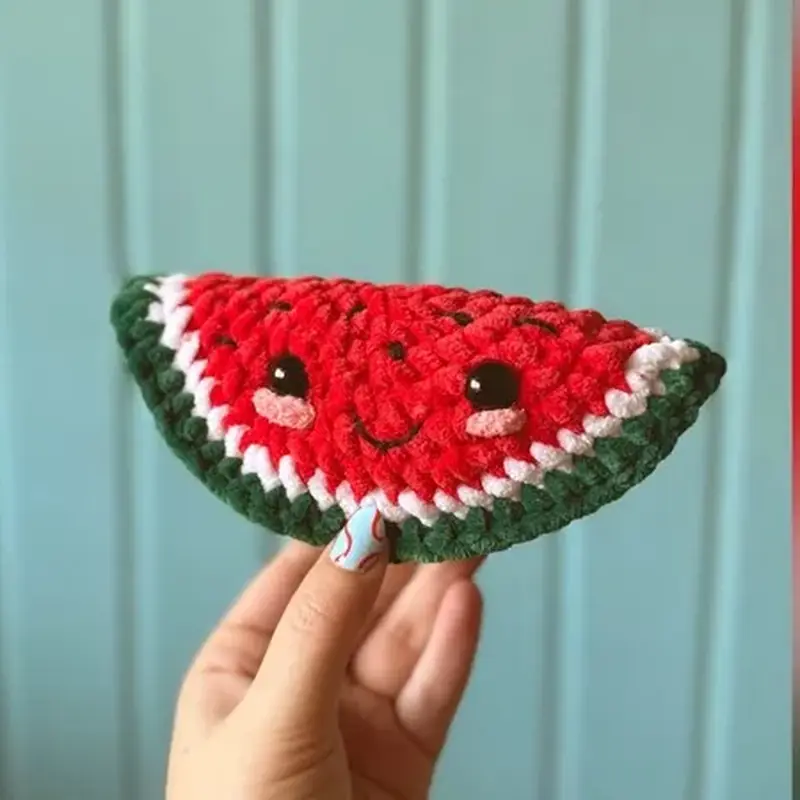 No-Sew Crochet Watermelon Amigurumi: A Free 1-Hour Pattern, the finished crochet build, photographed on a plain surface