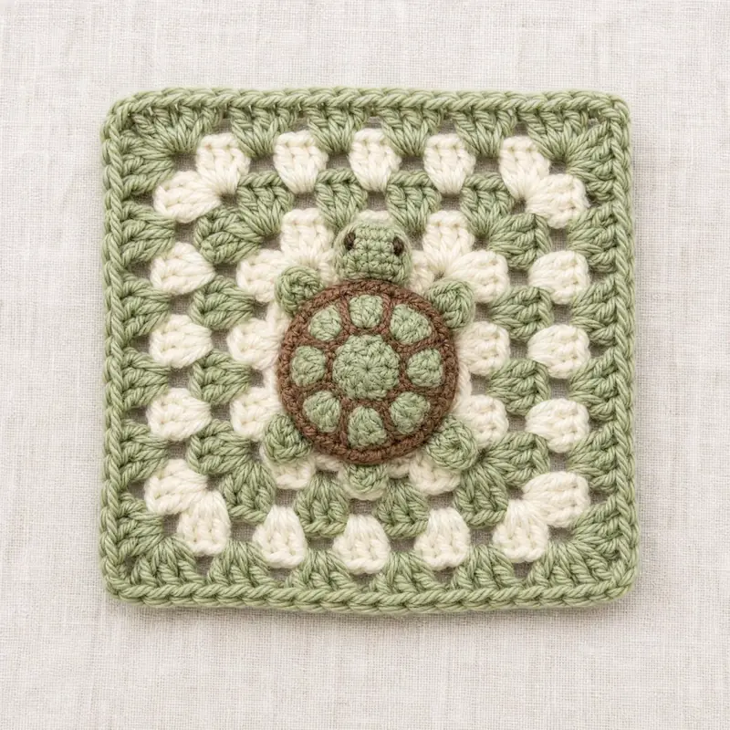 Sage Shell Turtle, the finished crochet build, photographed on a plain surface