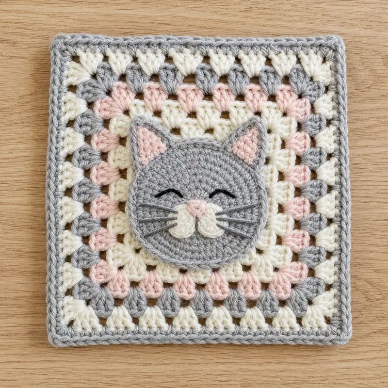Whiskers the Cat, the finished crochet build, photographed on a plain surface