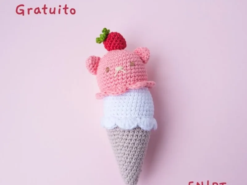 How to Crochet a Strawberry Ice Cream (Free Beginner Amigurumi Pattern), the finished crochet build, photographed on a plain surface