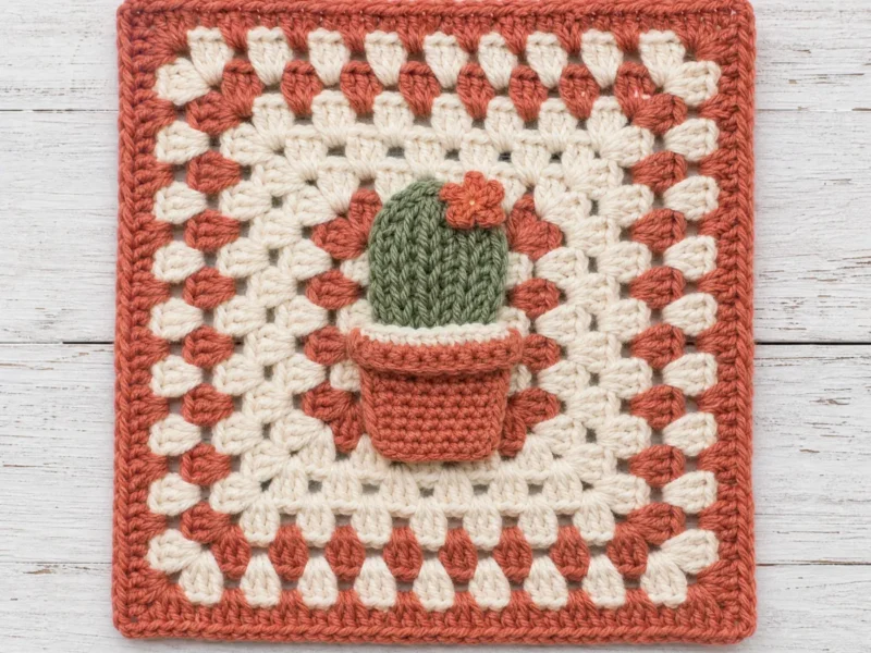Little Potted Cactus, the finished crochet build, photographed on a plain surface