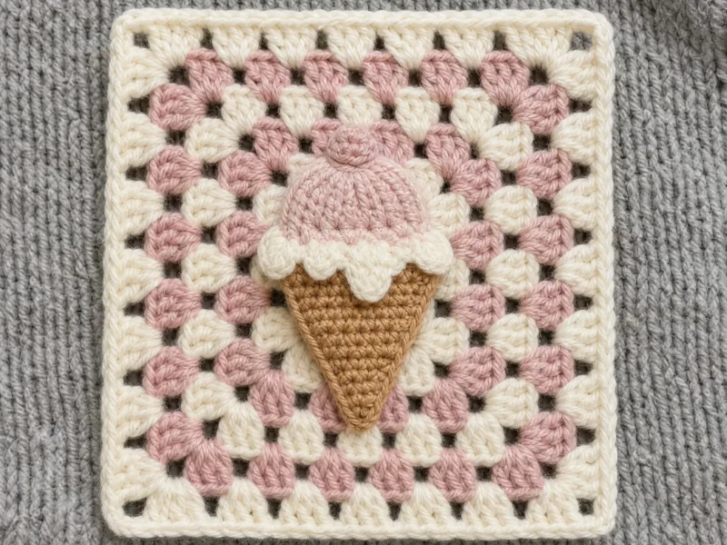 Melting Moment Cone, the finished crochet build, photographed on a plain surface