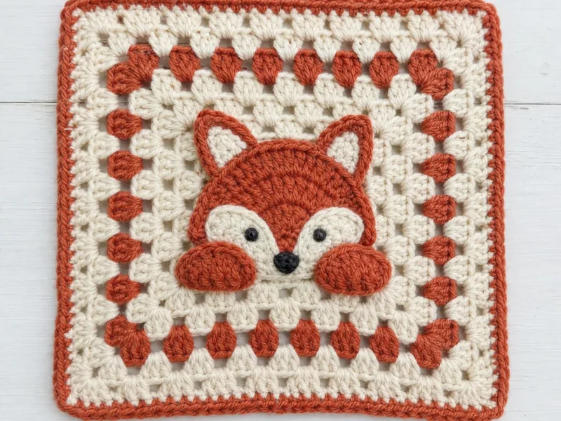 Peekaboo Fox, the finished crochet build, photographed on a plain surface