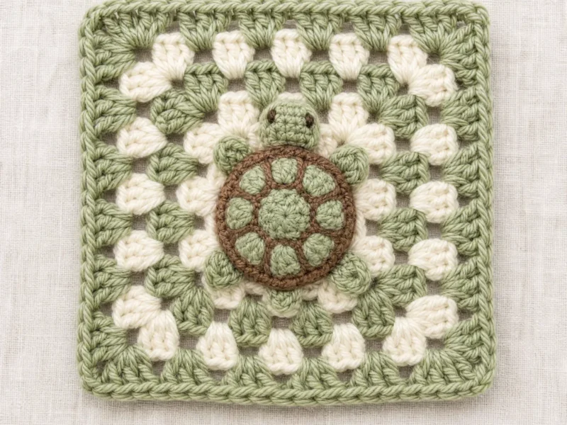 Sage Shell Turtle, the finished crochet build, photographed on a plain surface