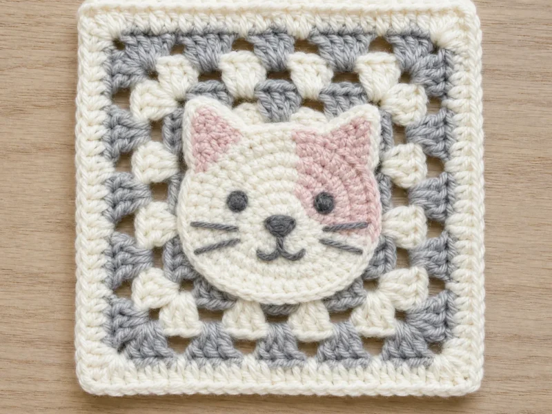 Whiskers the Cat, the finished crochet build, photographed on a plain surface