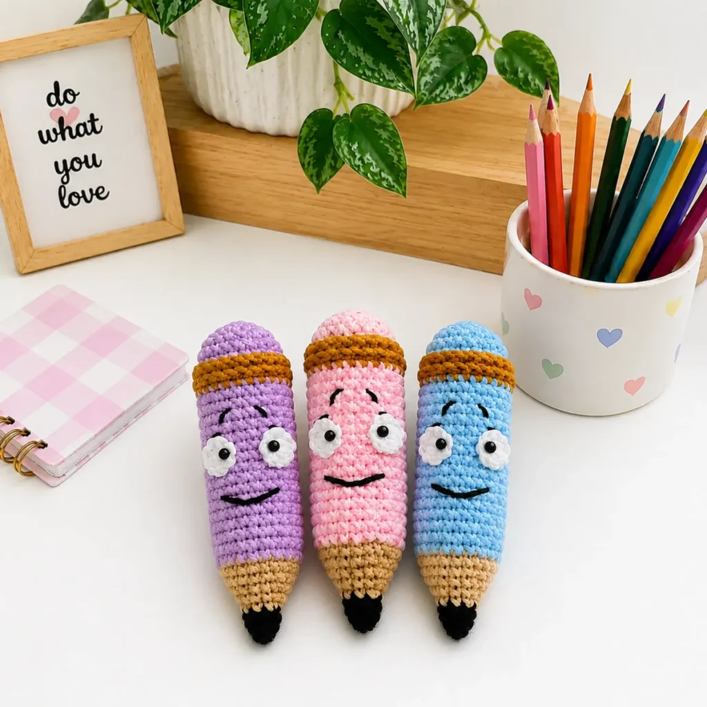 Amigurumi pencil toy with a mustard eraser band