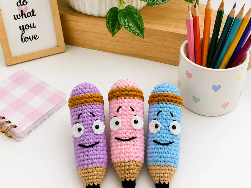Amigurumi pencil toy with a mustard eraser band