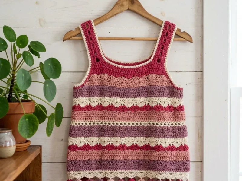 Striped shell lace tank with pompom hem trim