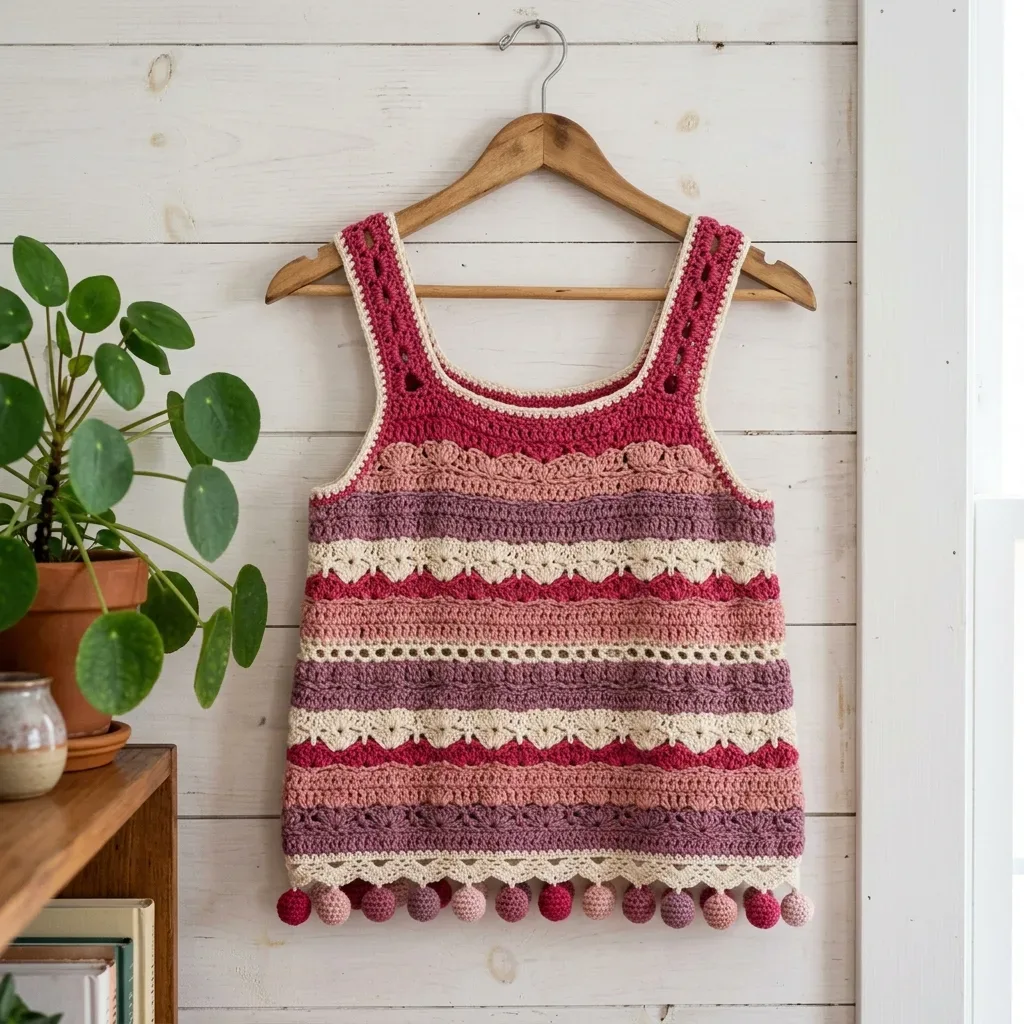 Striped shell lace tank with pompom hem trim