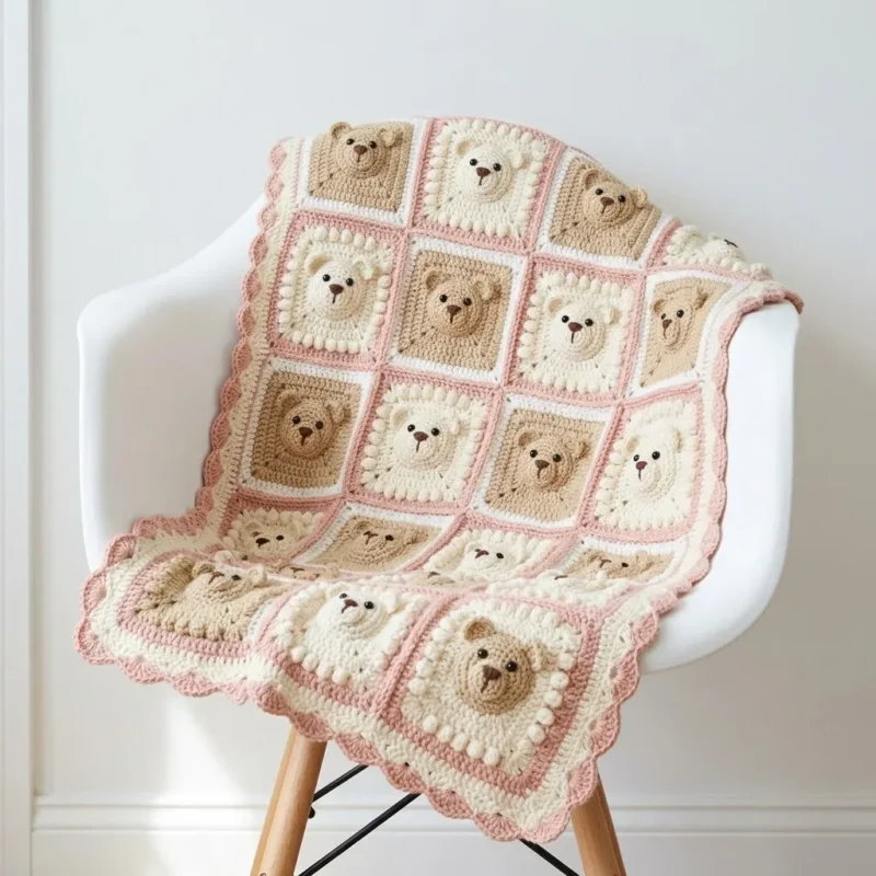 Blush Pink Teddy Bear Granny Square Blanket Free Crochet Pattern — photo 2