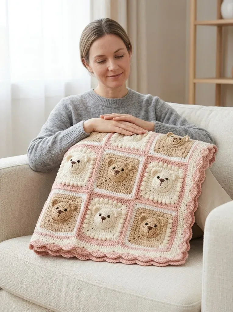 Blush Pink Teddy Bear Granny Square Blanket Free Crochet Pattern — photo 3