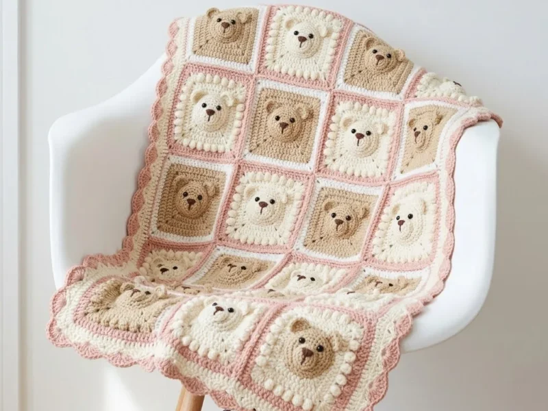 Blush Pink Teddy Bear Granny Square Blanket Free Crochet Pattern