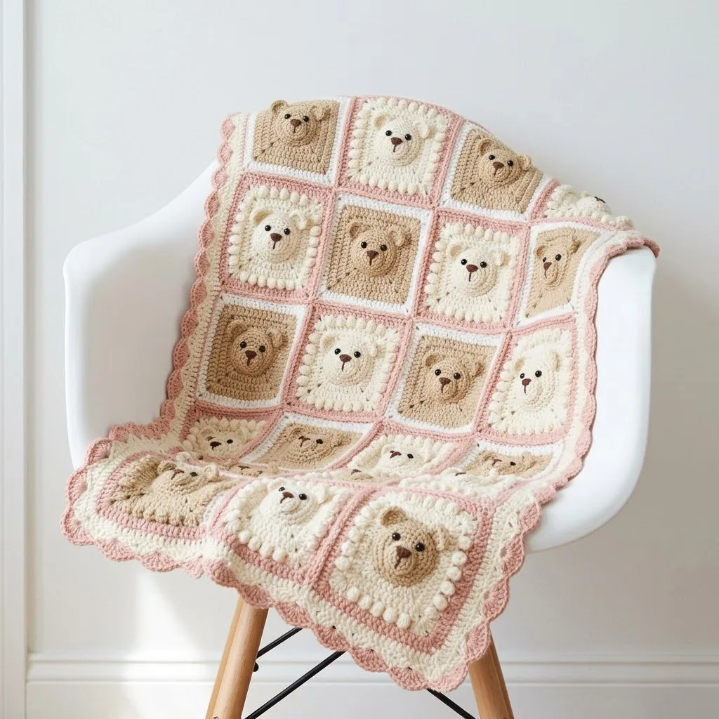 Blush Pink Teddy Bear Granny Square Blanket Free Crochet Pattern