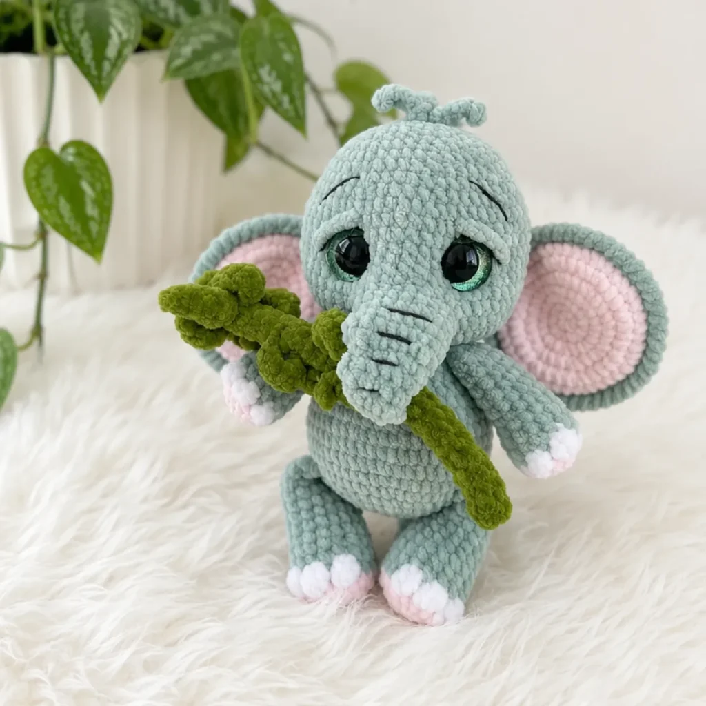 Crochet baby elephant amigurumi with a curled trunk