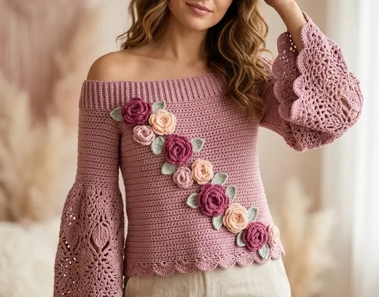 Dusty Rose Romantic Crochet Bell Top Free Pattern