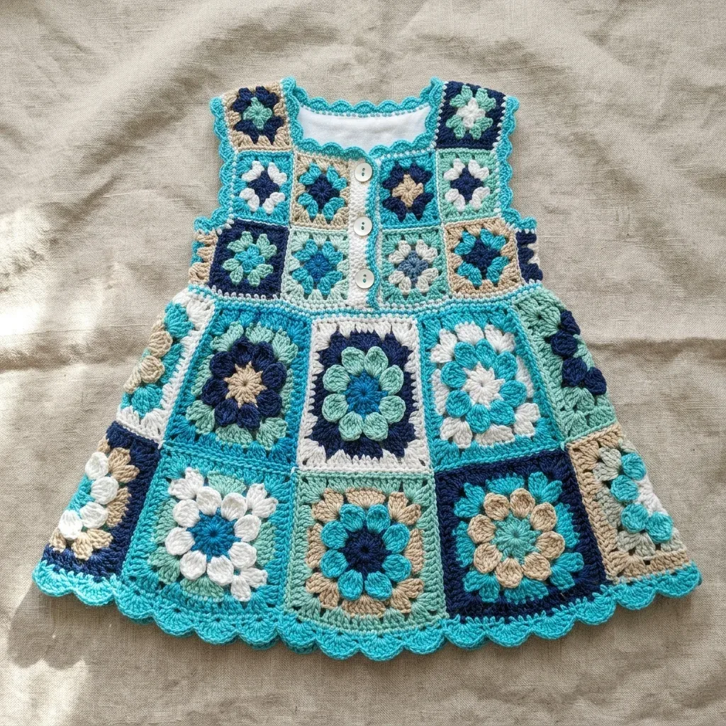 Granny Square Baby Dress in Ocean Blue Tones