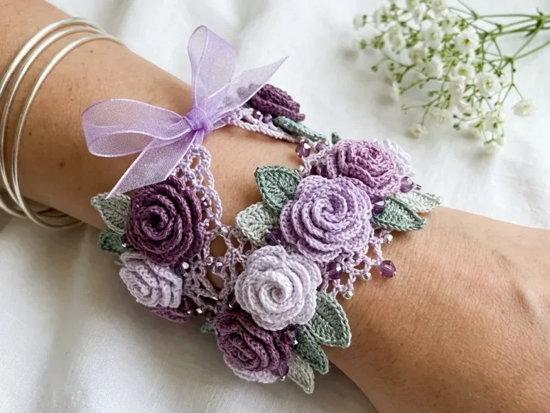 Layered lace bracelet with rolled thread crochet roses