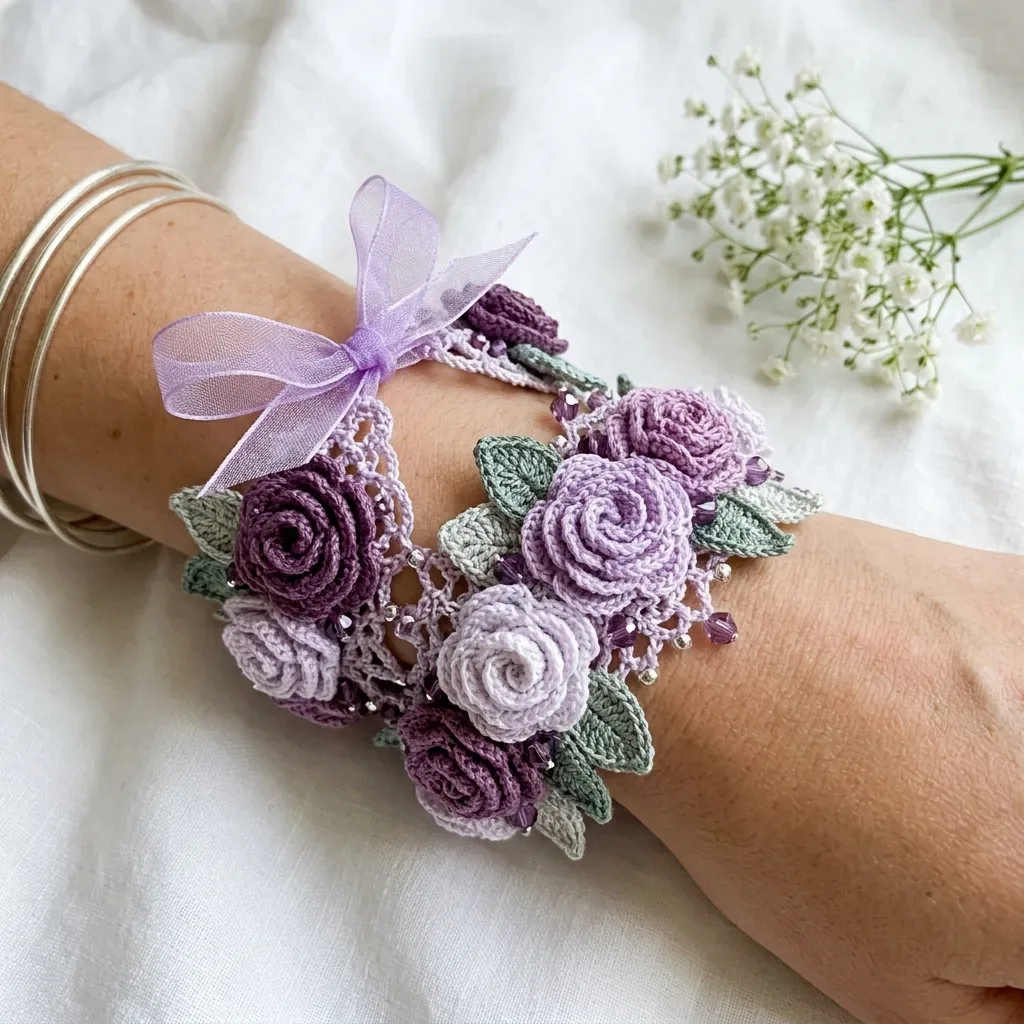 Layered lace bracelet with rolled thread crochet roses