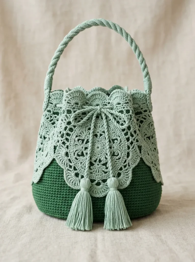 Sage Green Botanical Lace Bucket Bag Crochet Pattern