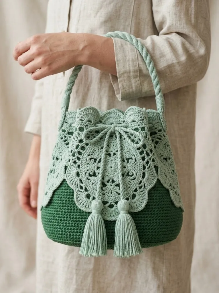 Sage Green Botanical Lace Bucket Bag Crochet Pattern — photo 3