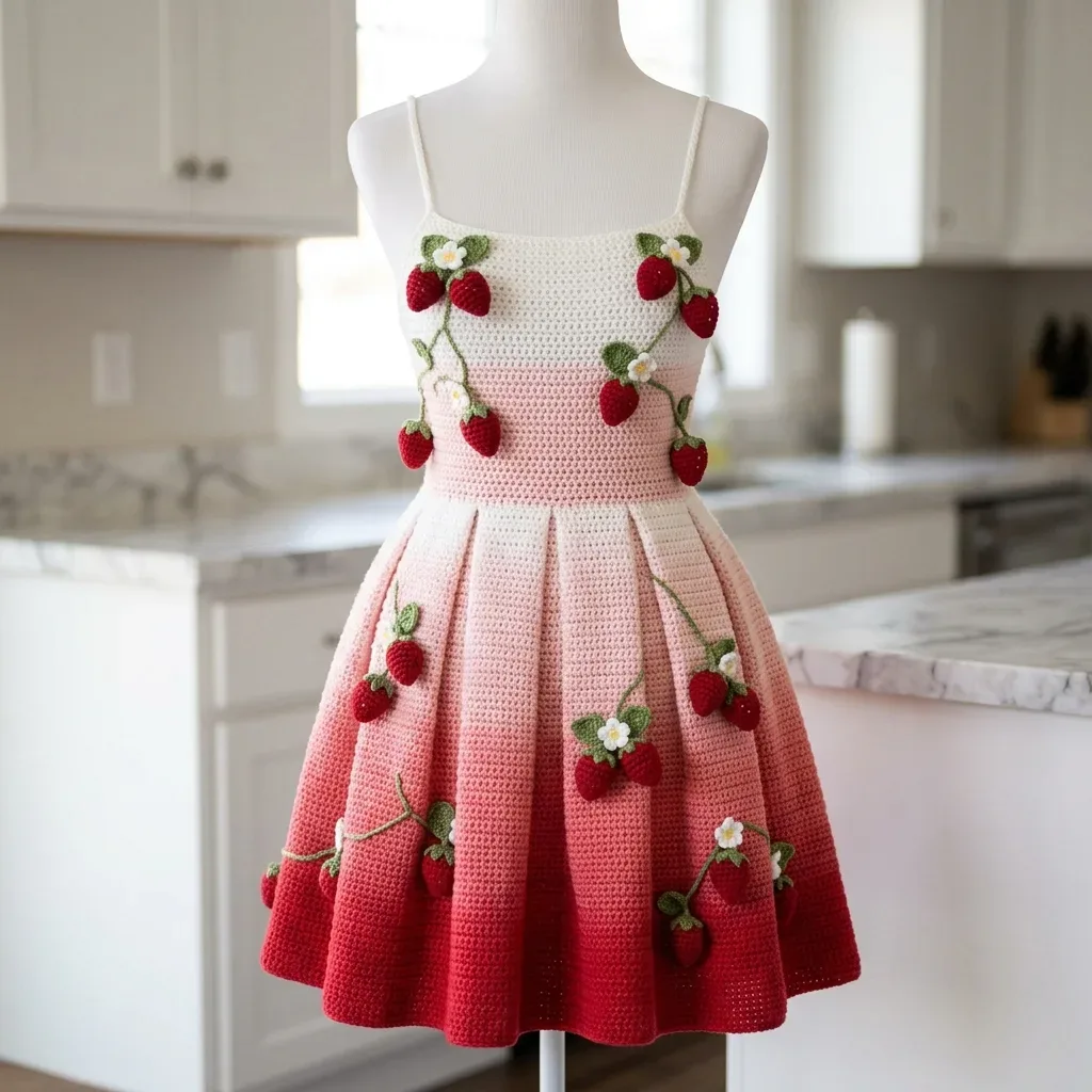 Strawberry vine sundress with pleated skirt crochet pattern