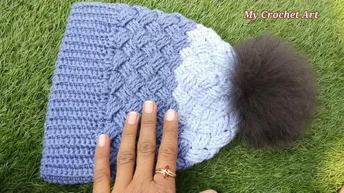 Textured post-stitch beanie with a folded ribbed brim