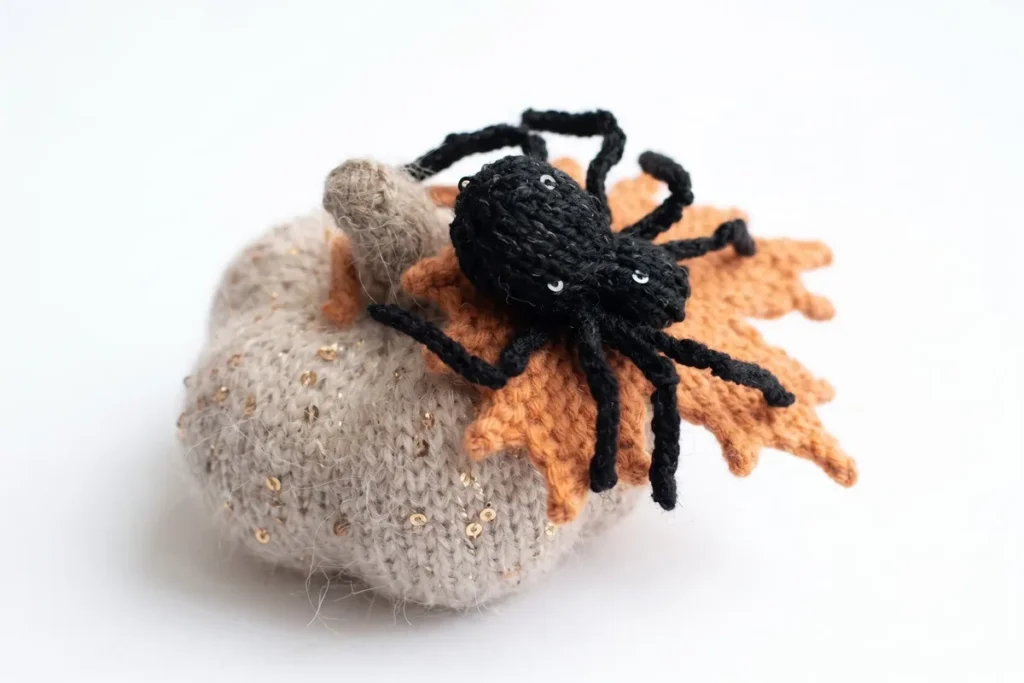 Tiny knit spider amigurumi on double-pointed needles