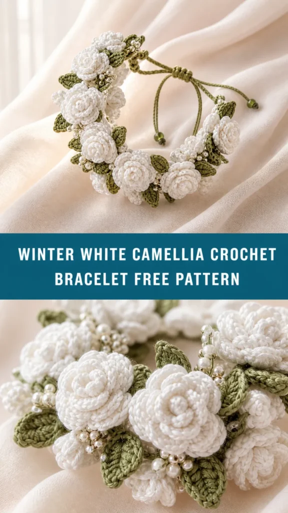 Winter white camellia crochet bracelet pattern